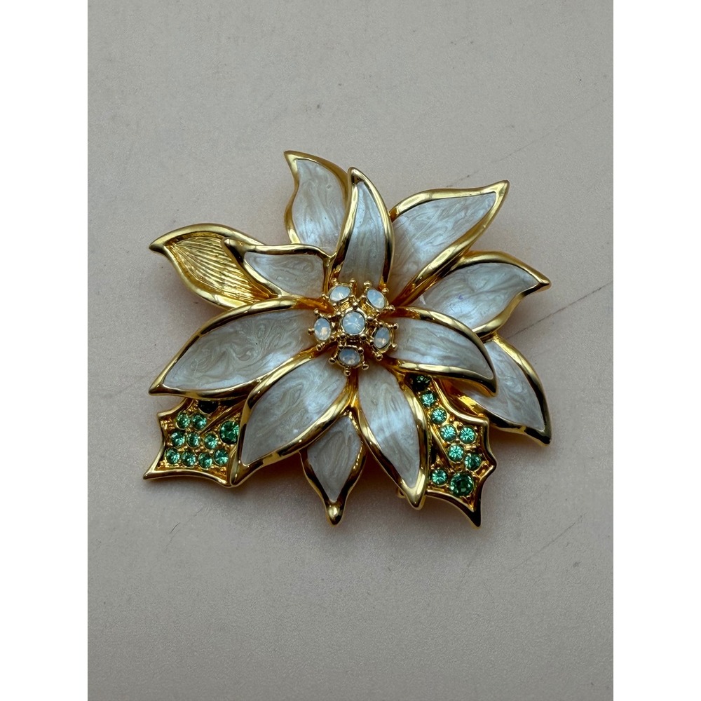 Nolan Miller Vintage Poinsettia Brooch White Enamel Green Rhinestone Christmas